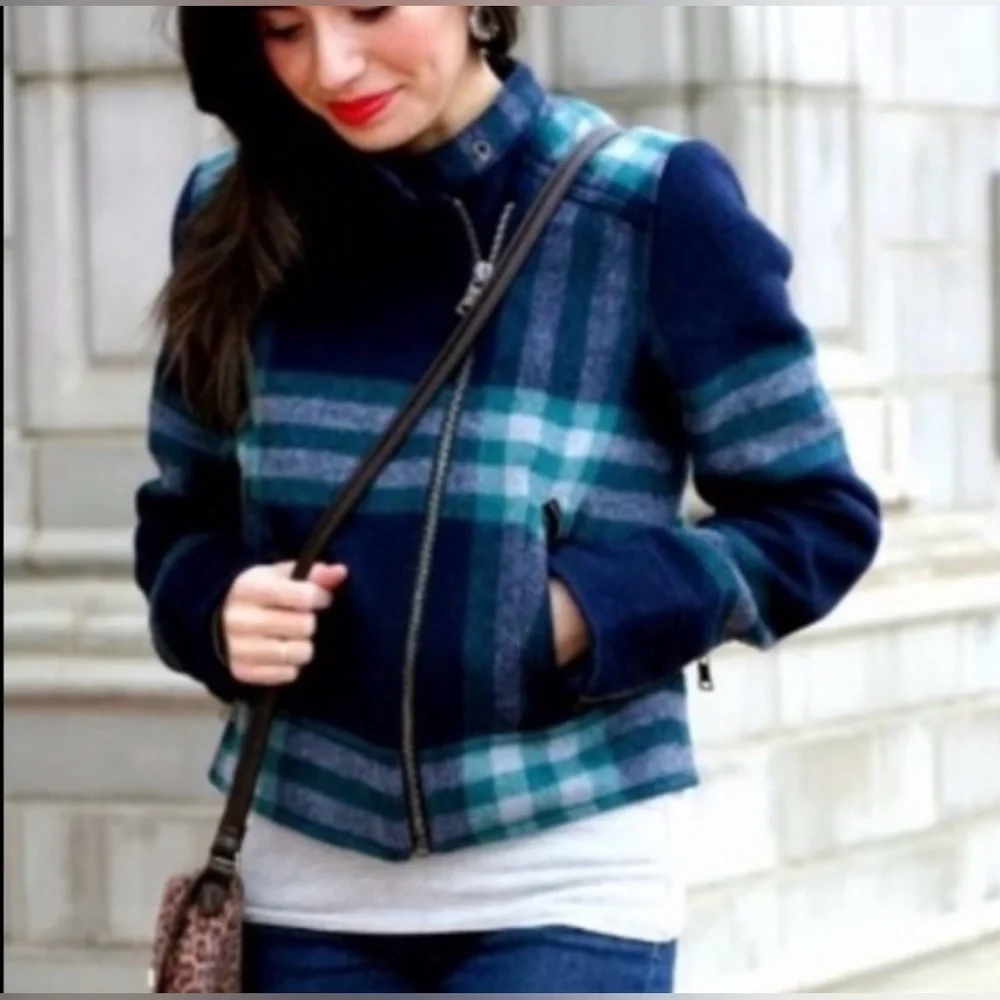 Gap Navy Blue Green Plaid Wool Blend Moto Jacket Quilted Inside Size Large - Picture 8 of 10
